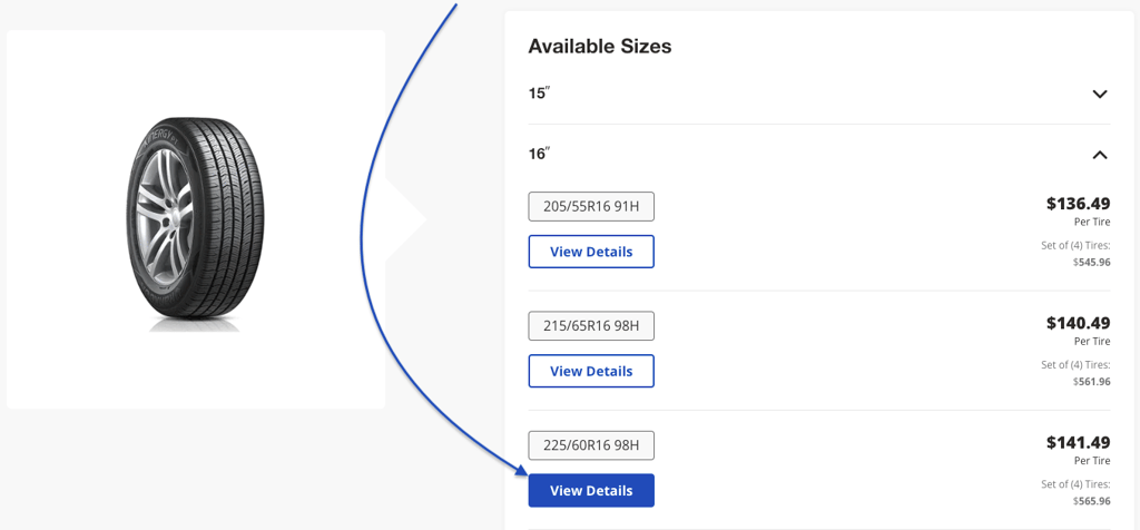 Find your size and then select "View Details" button.