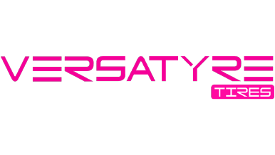 Logo of Versatyre Tires in bold pink futuristic font.