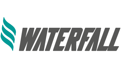 Logo of the word "WATERFALL" in bold gray letters with stylized blue-green wavy lines to the left.