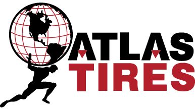 Silhouette of Atlas holding a globe next to the text "ATLAS TIRES" in bold black and red letters.