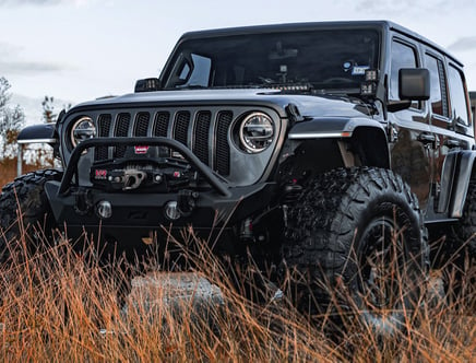 A rugged off-road vehicle with large tires and a front-mounted winch, parked in a grassy area.