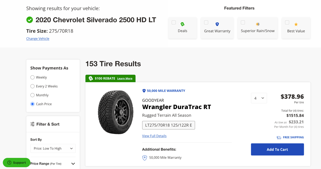 This is what the shopping for truck tires online experiences looks like at Tire Agent. Over 150 options for a 2020 Chevy Silverado 2500.