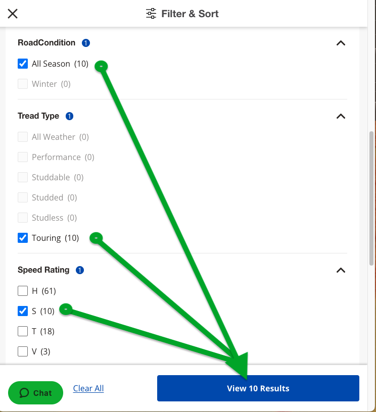 Tire filter and sort menu showing selections for "All Season," "Touring," and "S" speed rating with 10 results available.