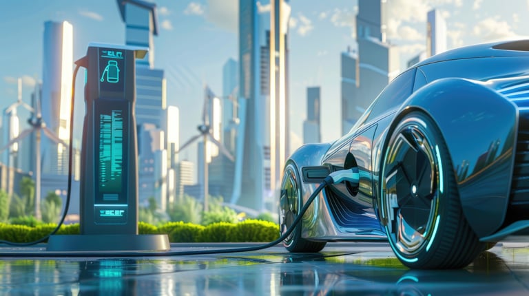 Futuristic electric car charging at a station in a modern cityscape with tall skyscrapers and wind turbines.