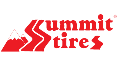 Logo of Summit Tires with stylized red text and mountain graphics.