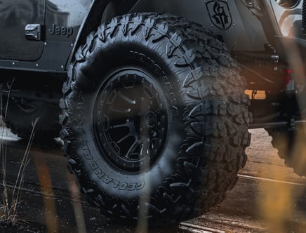 Close-up of a rugged off-road tire on a Jeep.