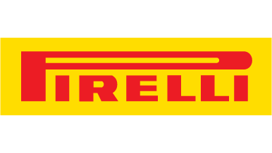 Pirelli logo with red text on a yellow background.