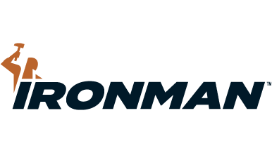 Logo of Ironman with a stylized figure of a person running.