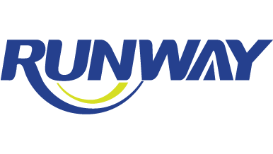 Logo of "RUNWAY" in blue with a stylized yellow arc beneath.