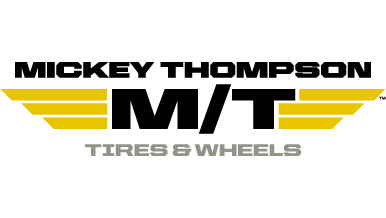 Logo of Mickey Thompson Tires & Wheels with yellow wings and bold black text.