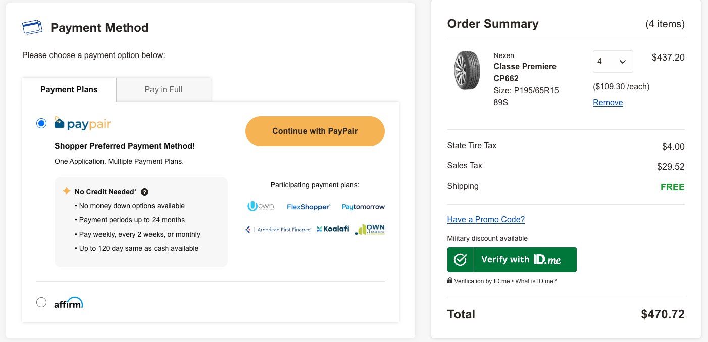 Payment options and order summary for purchasing four Nexen Classe Premiere CP662 tires at $109.30 each, with taxes and free shipping, totaling $470.72.