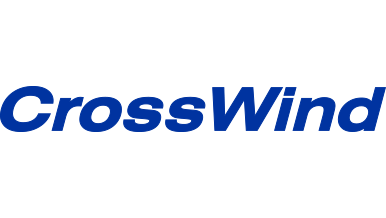 Logo with the text "CrossWind" in blue.