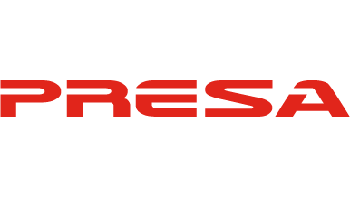 Red text logo that reads "PRESA" on a white background.