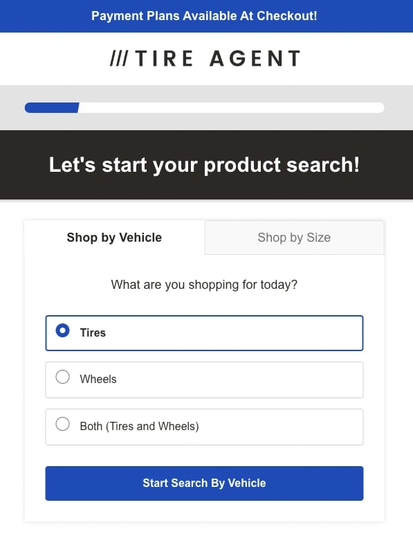 start a product search to buy tires online with tire agent