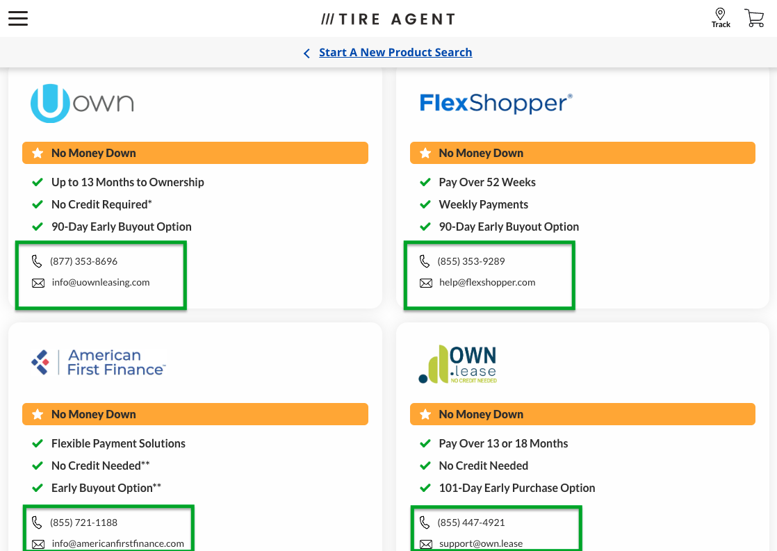 Comparison chart of leasing options from Uown, FlexShopper, American First Finance, and OWN Lease, highlighting contact details and terms such as no money down and early buyout options.