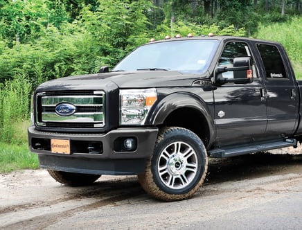 A dark-colored Ford pickup truck parked on a muddy path surrounded by green foliage.