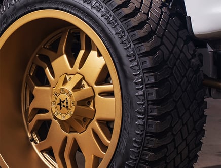 Close-up of a vehicle tire with rugged tread and a gold alloy wheel.