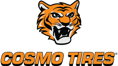 Tiger head logo above the text "Cosmo Tires" in bold orange letters.