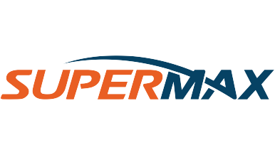 Logo with the text "SUPERMAX" in bold letters, with "SUPER" in orange and "MAX" in blue, featuring a curved line above.