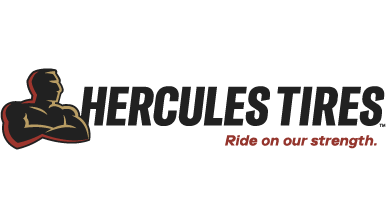 A logo for Hercules Tires with a stylized strongman illustration and the slogan "Ride on our strength."