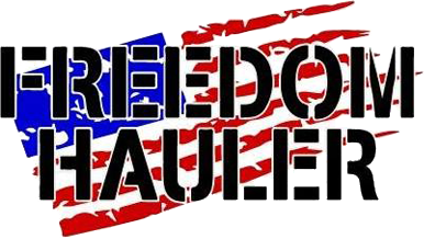 Freedom Hauler logo with a stylized American flag background.